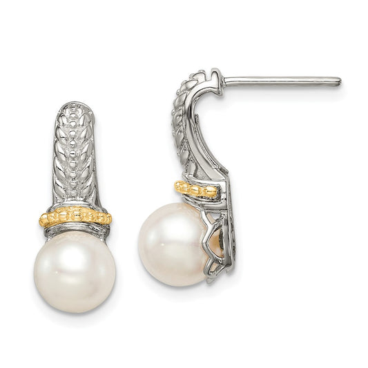 14K/Silver Two Tone Shey Couture Sterling Silver Rhodium Plated With 14K Accent 7 8mm Freshwater Cultured Pearl Post Dangle Earrings