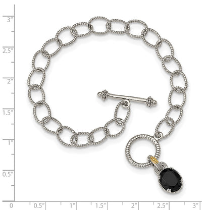14K/Silver Two Tone Shey Couture Sterling Silver Rhodium Plated With 14K Accent 7.5 Inch Black Onyx Toggle Bracelet