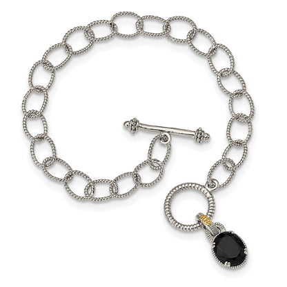 14K/Silver Two Tone Shey Couture Sterling Silver Rhodium Plated With 14K Accent 7.5 Inch Black Onyx Toggle Bracelet