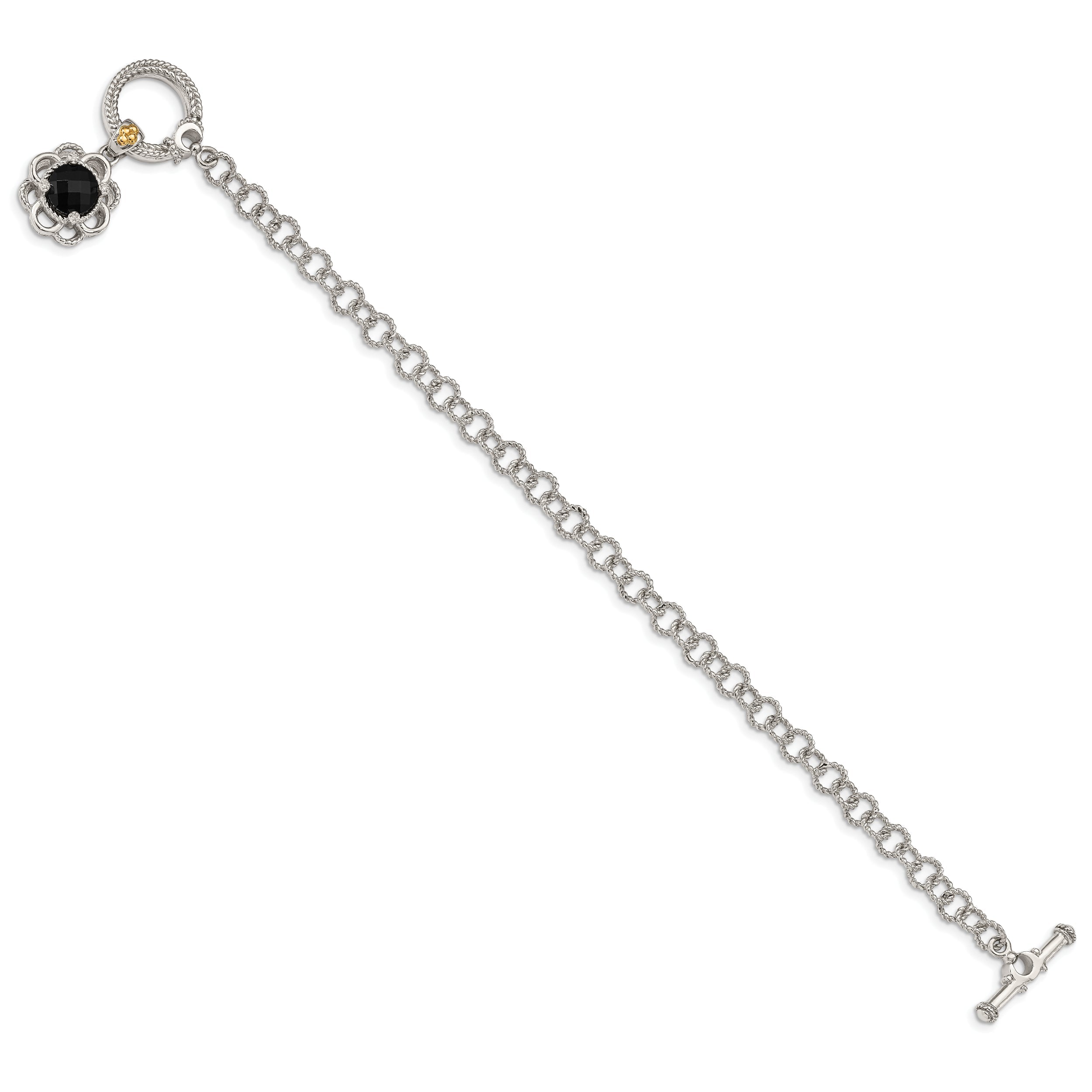 14K/Silver Two Tone Shey Couture Sterling Silver Rhodium Plated With 14K Accent 7.5 Inch Checkerboard Cut Black Onyx And Diamond Toggle Bracelet