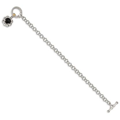14K/Silver Two Tone Shey Couture Sterling Silver Rhodium Plated With 14K Accent 7.5 Inch Checkerboard Cut Black Onyx And Diamond Toggle Bracelet