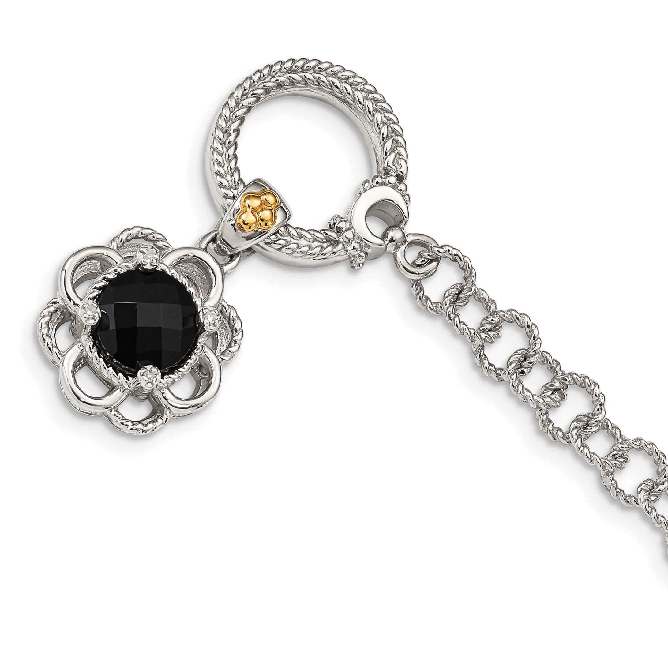 14K/Silver Two Tone Shey Couture Sterling Silver Rhodium Plated With 14K Accent 7.5 Inch Checkerboard Cut Black Onyx And Diamond Toggle Bracelet
