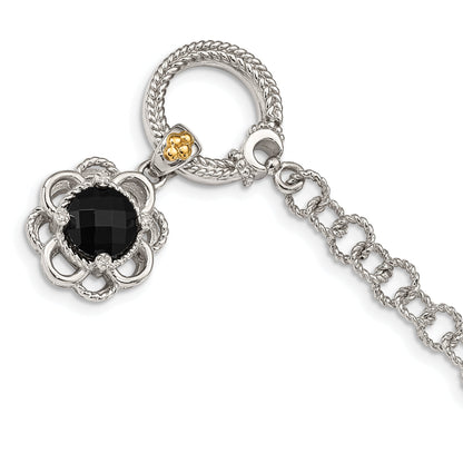 14K/Silver Two Tone Shey Couture Sterling Silver Rhodium Plated With 14K Accent 7.5 Inch Checkerboard Cut Black Onyx And Diamond Toggle Bracelet