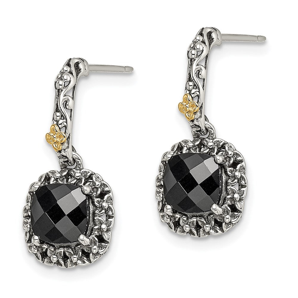 14K/Silver Two Tone Shey Couture Sterling Silver With 14K Accent Antiqued Checkerboard Cut Black Onyx Post Dangle Earrings