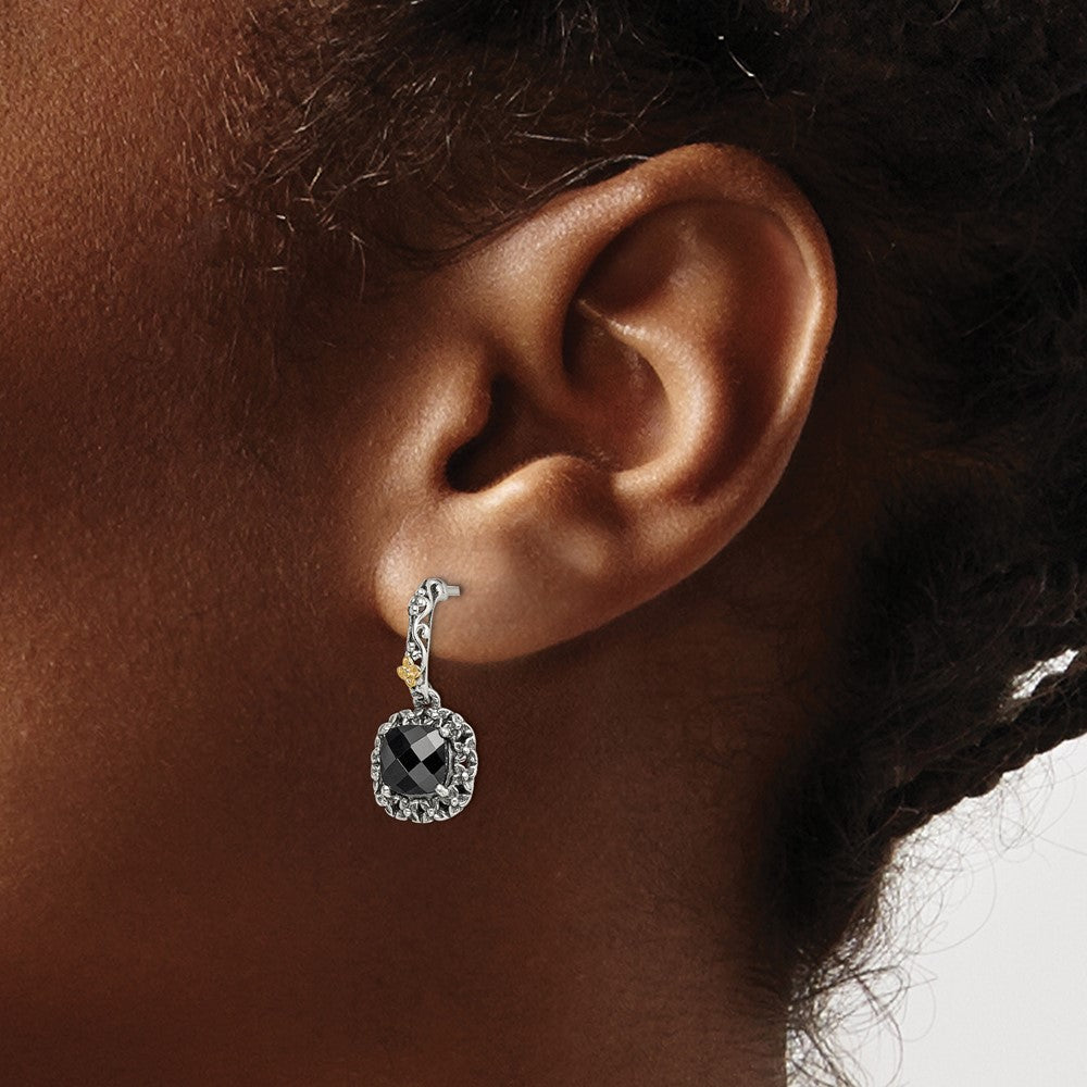 14K/Silver Two Tone Shey Couture Sterling Silver With 14K Accent Antiqued Checkerboard Cut Black Onyx Post Dangle Earrings