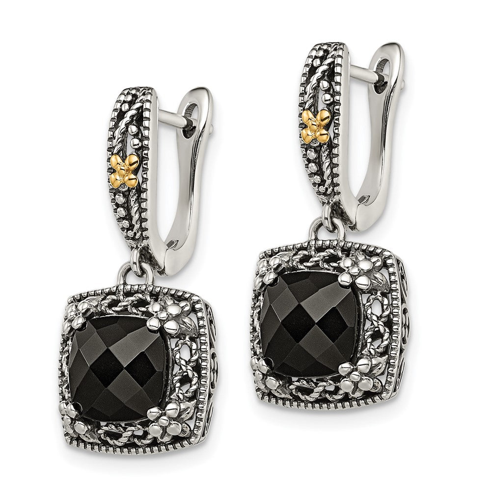 14K/Silver Two Tone Shey Couture Sterling Silver With 14K Accent Antiqued Checkerboard Cut Black Onyx Hinged Hoop Dangle Earrings