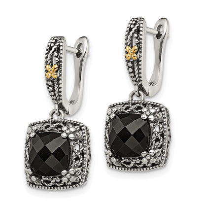 14K/Silver Two Tone Shey Couture Sterling Silver With 14K Accent Antiqued Checkerboard Cut Black Onyx Hinged Hoop Dangle Earrings