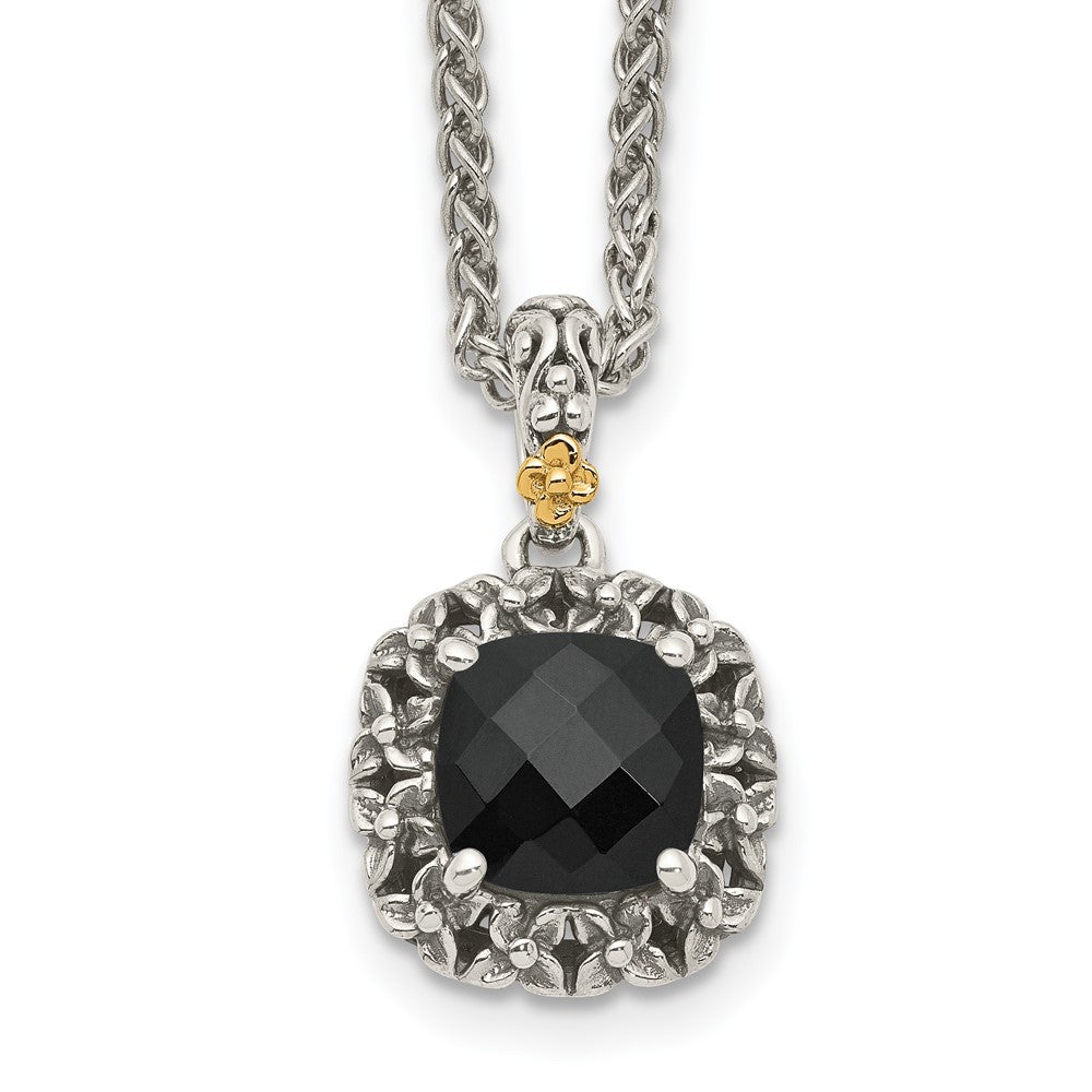 14K/Silver Two Tone Shey Couture Sterling Silver With 14K Accent 18 Inch Antiqued Checkerboard Cut Black Onyx Necklace