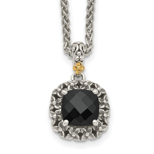 14K/Silver Two Tone Shey Couture Sterling Silver With 14K Accent 18 Inch Antiqued Checkerboard Cut Black Onyx Necklace