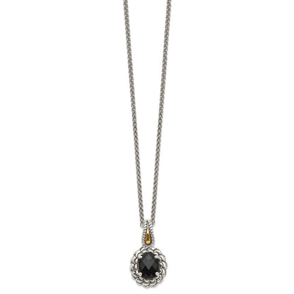 14K/Silver Two Tone Shey Couture Sterling Silver With 14K Accent 18 Inch Antiqued Checkerboard Cut Black Onyx Necklace