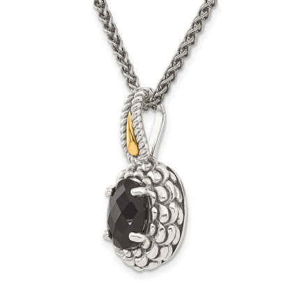 14K/Silver Two Tone Shey Couture Sterling Silver With 14K Accent 18 Inch Antiqued Checkerboard Cut Black Onyx Necklace