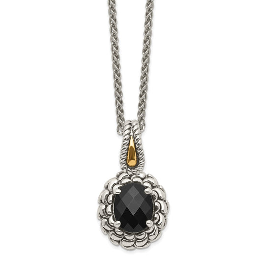 14K/Silver Two Tone Shey Couture Sterling Silver With 14K Accent 18 Inch Antiqued Checkerboard Cut Black Onyx Necklace
