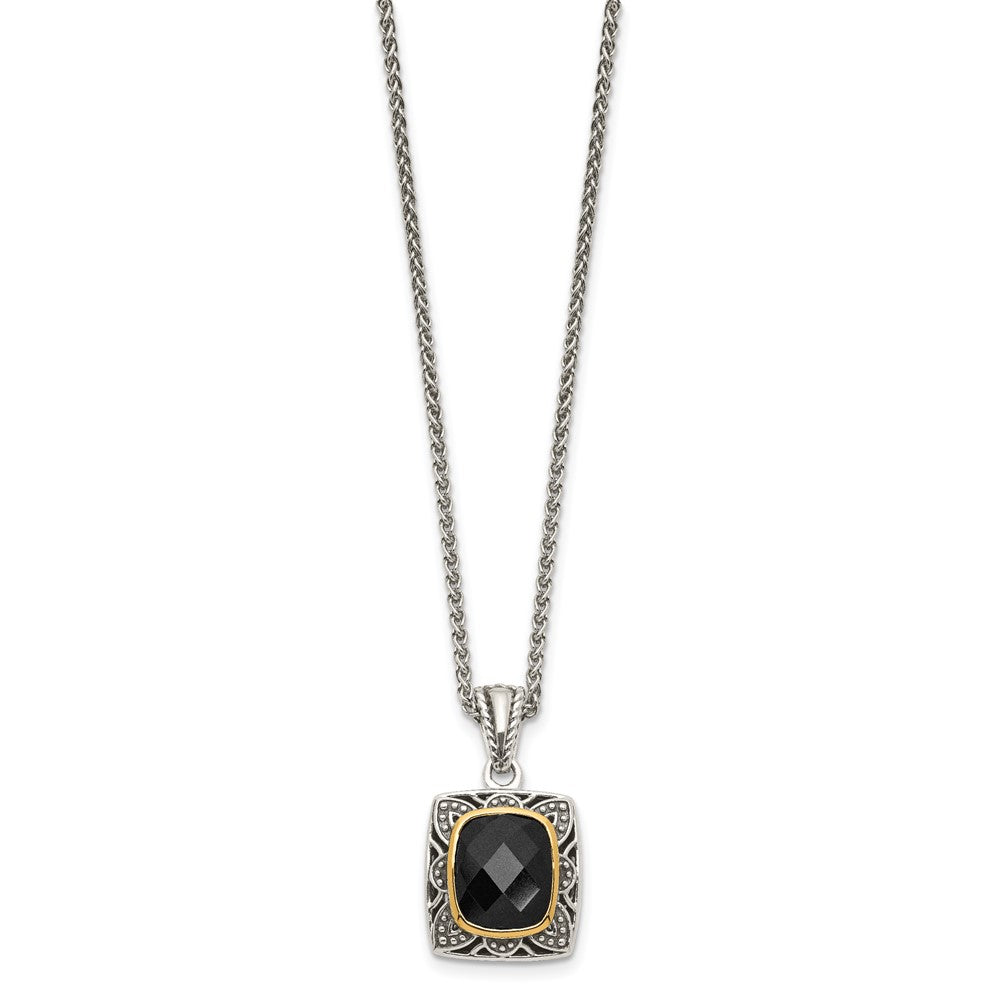 14K/Silver Two Tone Shey Couture Sterling Silver With 14K Accent 18 Inch Antiqued Checkerboard Cut Black Onyx Necklace
