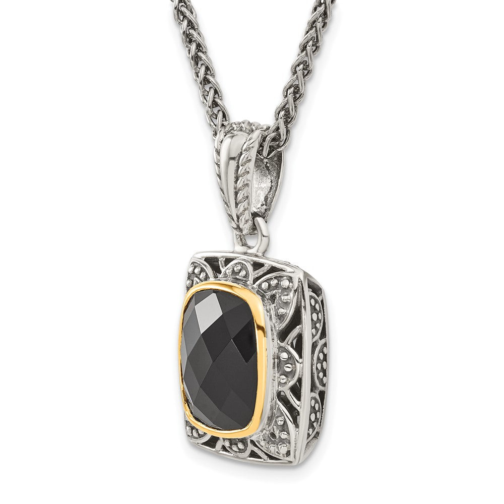 14K/Silver Two Tone Shey Couture Sterling Silver With 14K Accent 18 Inch Antiqued Checkerboard Cut Black Onyx Necklace