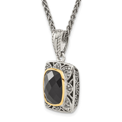 14K/Silver Two Tone Shey Couture Sterling Silver With 14K Accent 18 Inch Antiqued Checkerboard Cut Black Onyx Necklace