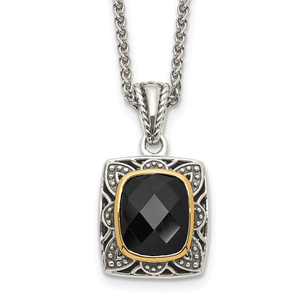 14K/Silver Two Tone Shey Couture Sterling Silver With 14K Accent 18 Inch Antiqued Checkerboard Cut Black Onyx Necklace