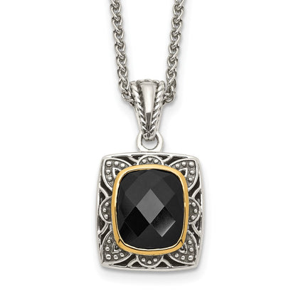 14K/Silver Two Tone Shey Couture Sterling Silver With 14K Accent 18 Inch Antiqued Checkerboard Cut Black Onyx Necklace
