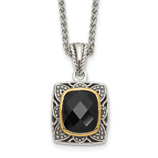 14K/Silver Two Tone Shey Couture Sterling Silver With 14K Accent 18 Inch Antiqued Checkerboard Cut Black Onyx Necklace