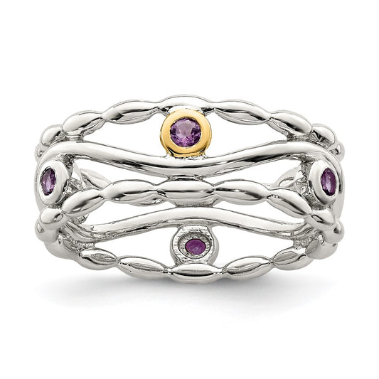 14K/Silver Two Tone Sterling Silver W/ 14K Accent Amethyst Ring