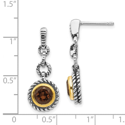 Shey Couture Sterling Silver Gold-tone Flash Gold-plated Antiqued Round Bezel Smoky Quartz Earrings