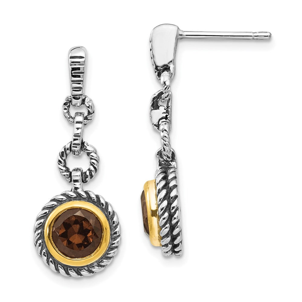 Shey Couture Sterling Silver Gold-tone Flash Gold-plated Antiqued Round Bezel Smoky Quartz Earrings