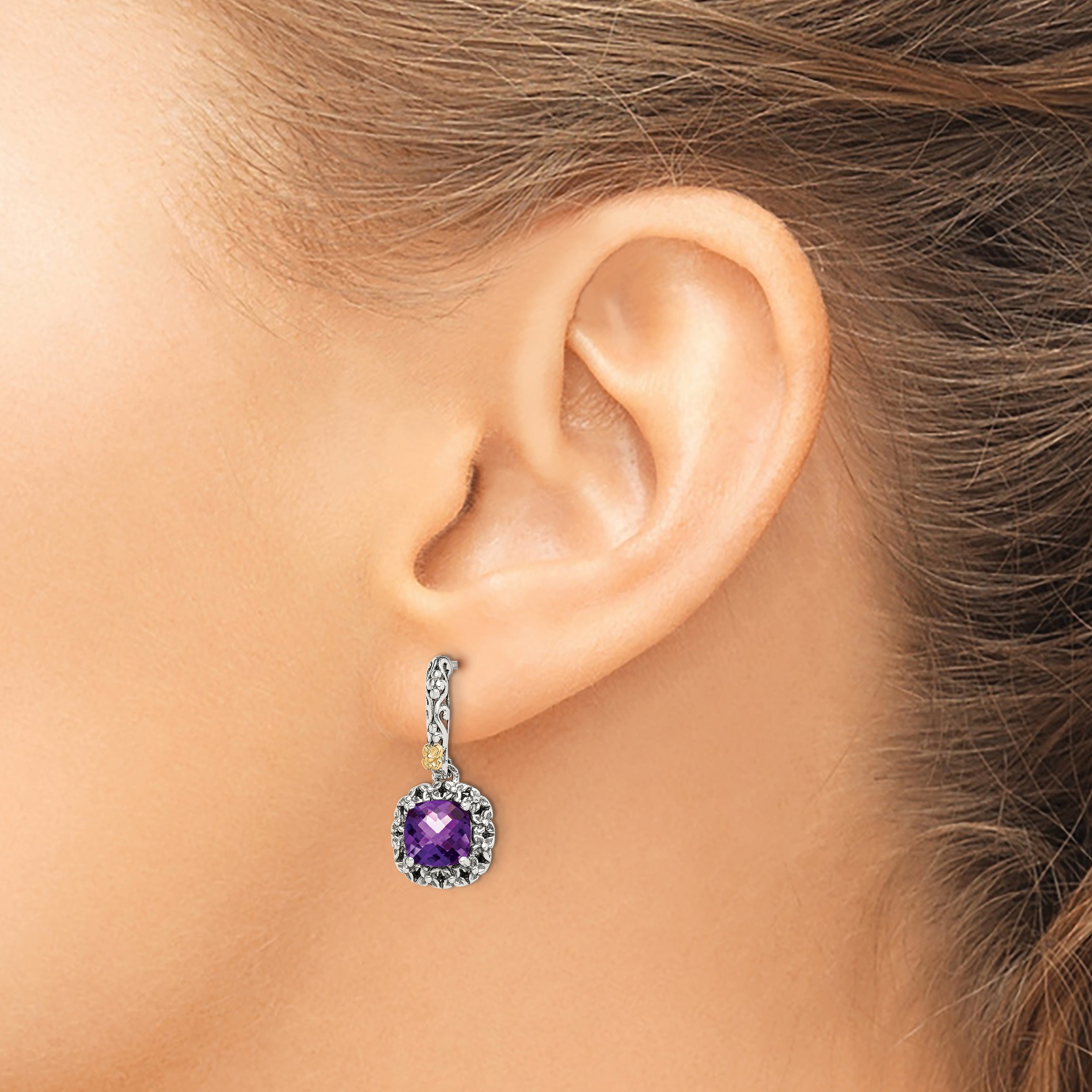 14K/Silver Two Tone Shey Couture Sterling Silver With 14K Accent Antiqued Cushion Amethyst Post Dangle Earrings