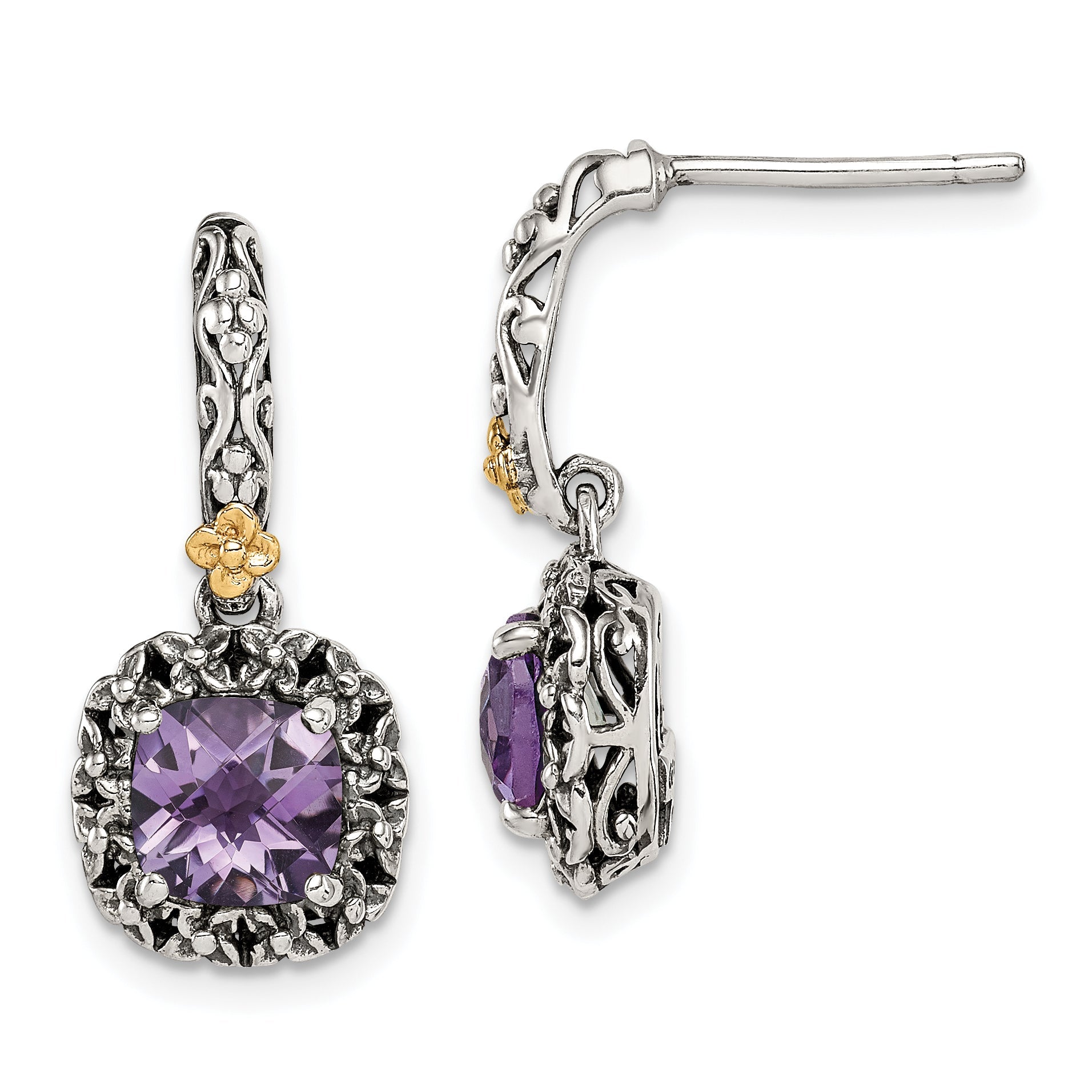 14K/Silver Two Tone Shey Couture Sterling Silver With 14K Accent Antiqued Cushion Amethyst Post Dangle Earrings