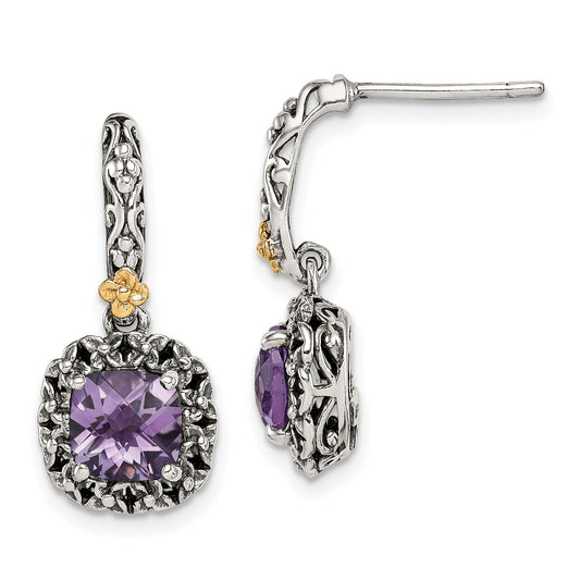 14K/Silver Two Tone Shey Couture Sterling Silver With 14K Accent Antiqued Cushion Amethyst Post Dangle Earrings