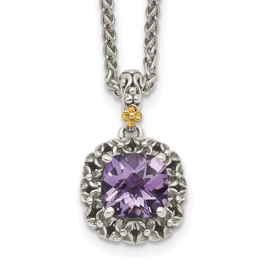 14K/Silver Two Tone Shey Couture Sterling Silver With 14K Accent 18 Inch Antiqued Cushion Amethyst Necklace