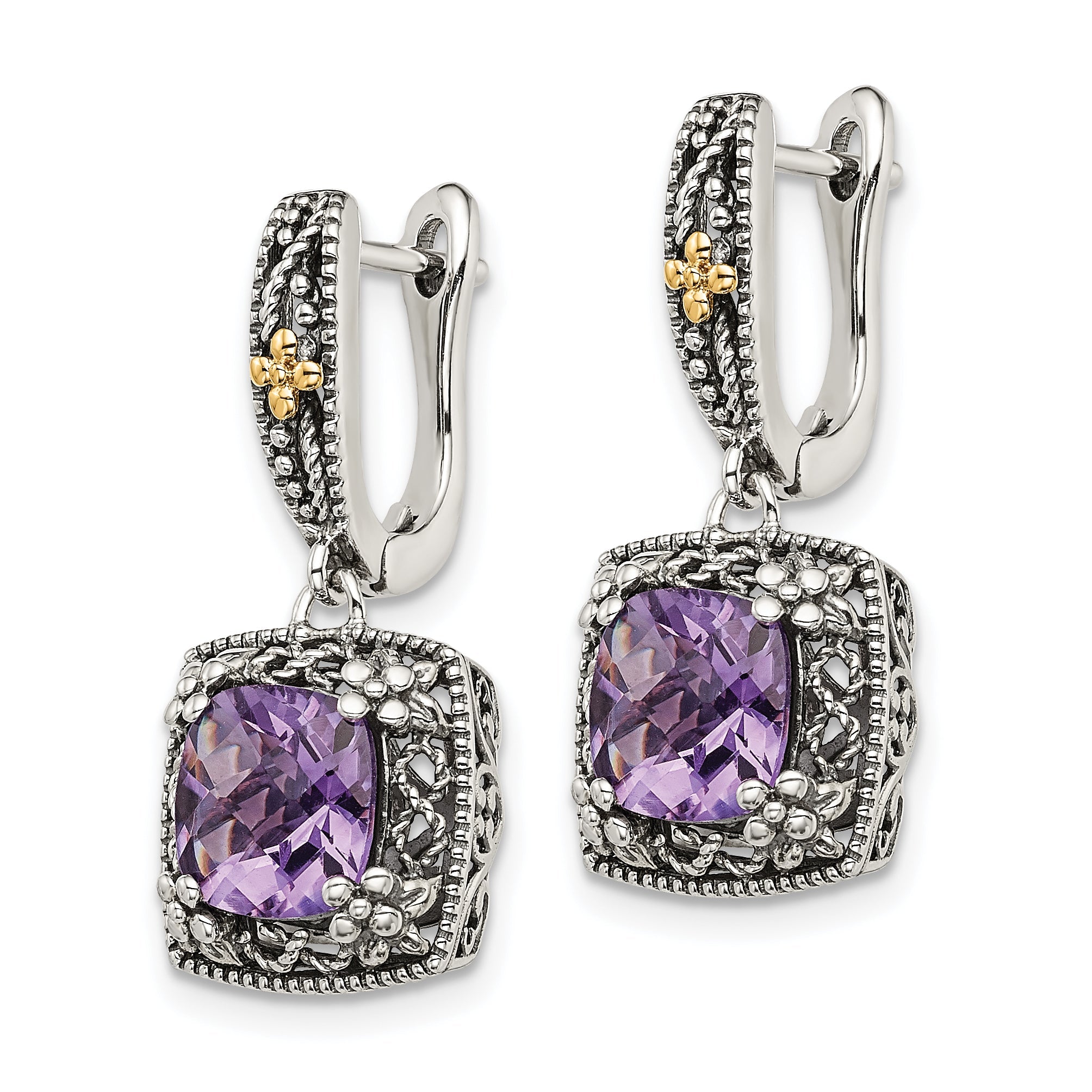 14K/Silver Two Tone Shey Couture Sterling Silver With 14K Accent Antiqued Cushion Amethyst Hinged Hoop Dangle Earrings