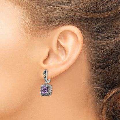 14K/Silver Two Tone Shey Couture Sterling Silver With 14K Accent Antiqued Cushion Amethyst Hinged Hoop Dangle Earrings