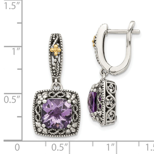 14K/Silver Two Tone Shey Couture Sterling Silver With 14K Accent Antiqued Cushion Amethyst Hinged Hoop Dangle Earrings