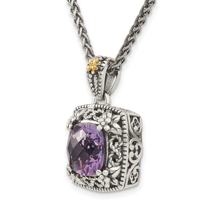 14K/Silver Two Tone Shey Couture Sterling Silver With 14K Accent 18 Inch Antiqued Cushion Amethyst Necklace