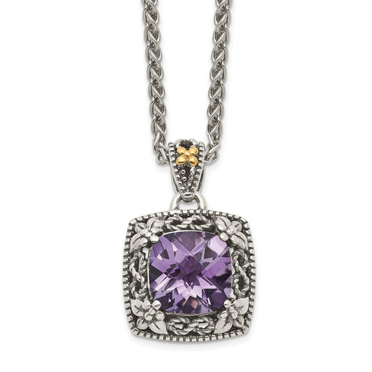 14K/Silver Two Tone Shey Couture Sterling Silver With 14K Accent 18 Inch Antiqued Cushion Amethyst Necklace