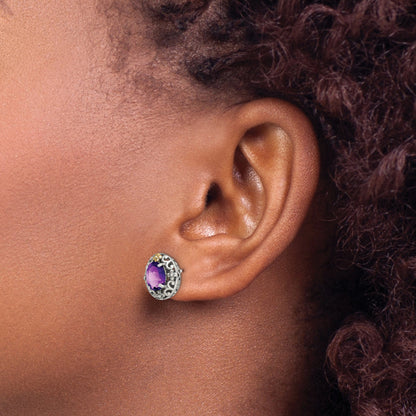 14K/Silver Two Tone Shey Couture Sterling Silver With 14K Accent Antiqued Oval Amethyst Post Earrings