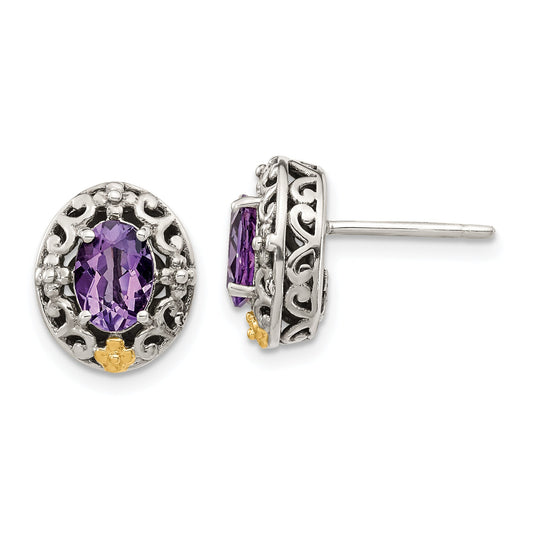 14K/Silver Two Tone Shey Couture Sterling Silver With 14K Accent Antiqued Oval Amethyst Post Earrings