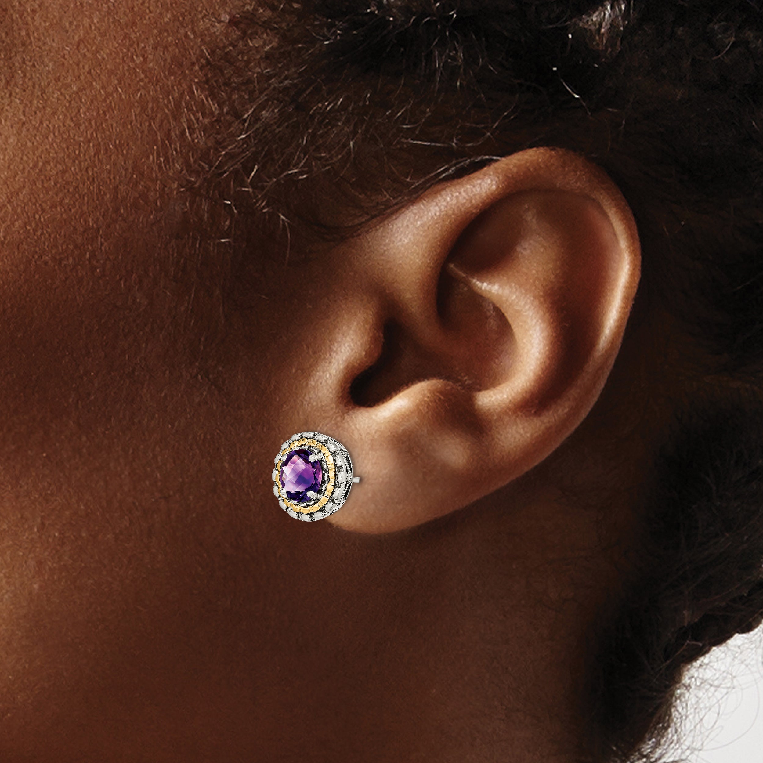 14K/Silver Two Tone Shey Couture Sterling Silver With 14K Accent Antiqued Round Amethyst Post Earrings
