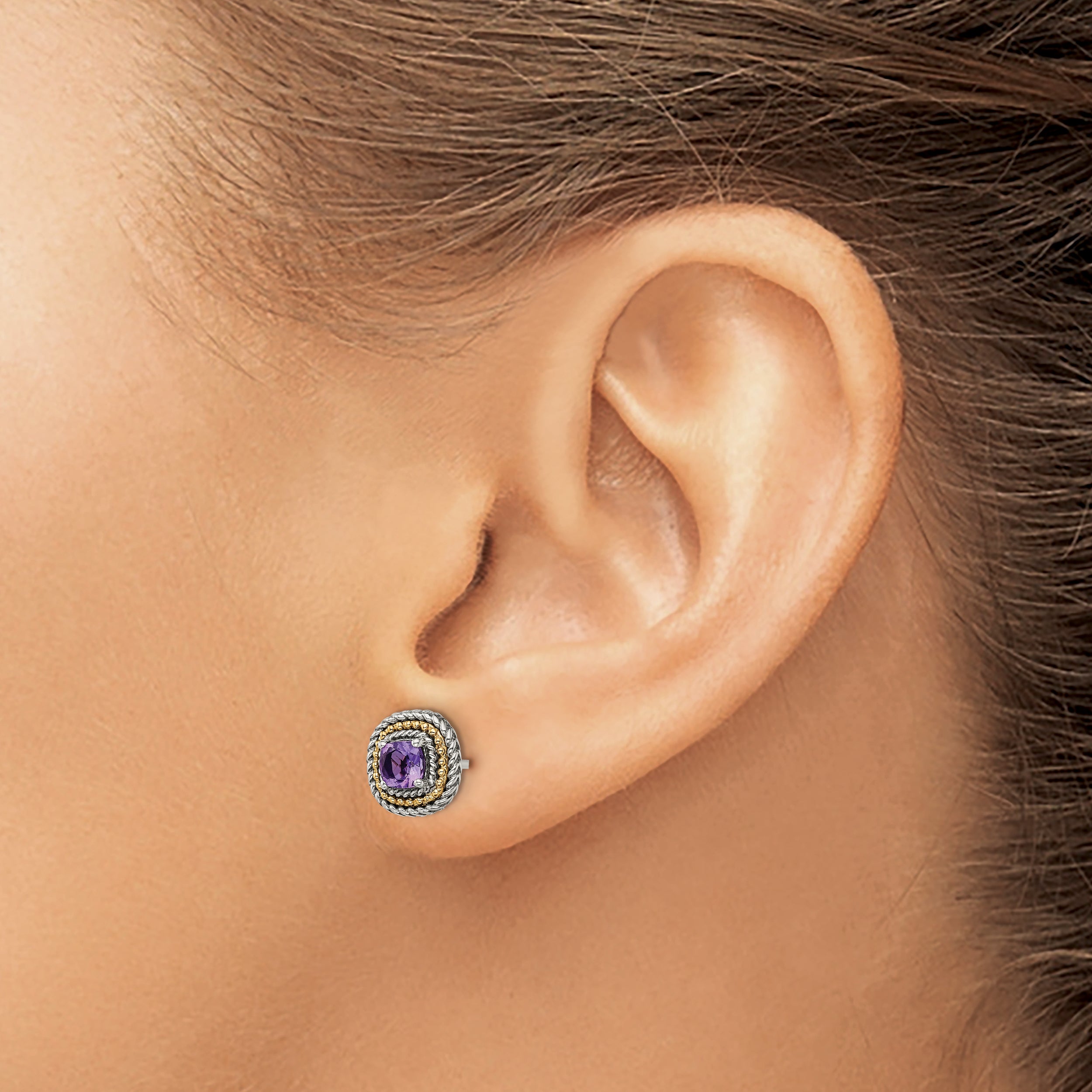 14K/Silver Two Tone Shey Couture Sterling Silver With 14K Accent Antiqued Cushion Amethyst Post Earrings