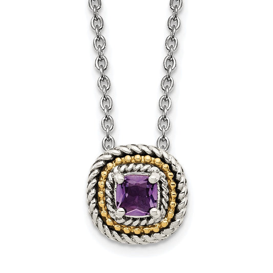 14K/Silver Two Tone Shey Couture Sterling Silver With 14K Accent 18 Inch Antiqued Cushion Amethyst Necklace