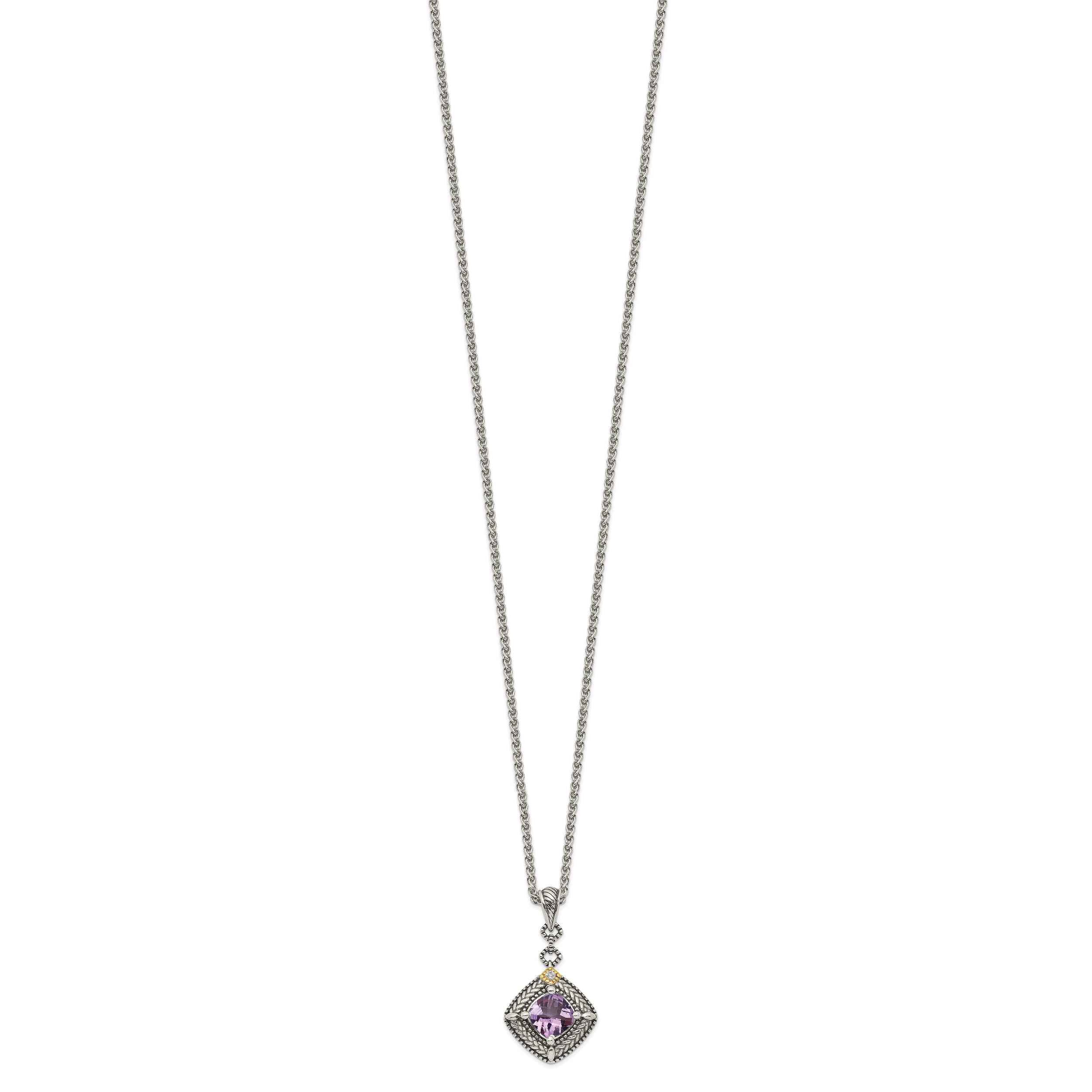14K/Silver Two Tone Shey Couture Sterling Silver With 14K Accent 18 Inch Antiqued Cushion Amethyst And Diamond Necklace