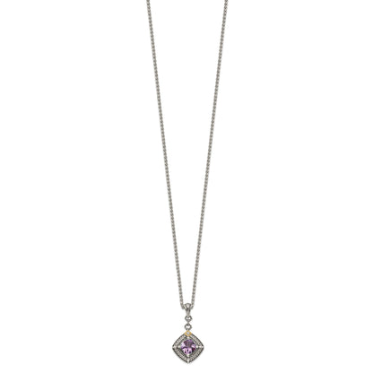 14K/Silver Two Tone Shey Couture Sterling Silver With 14K Accent 18 Inch Antiqued Cushion Amethyst And Diamond Necklace