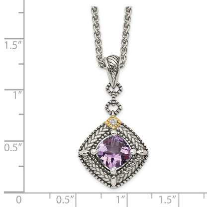 14K/Silver Two Tone Shey Couture Sterling Silver With 14K Accent 18 Inch Antiqued Cushion Amethyst And Diamond Necklace