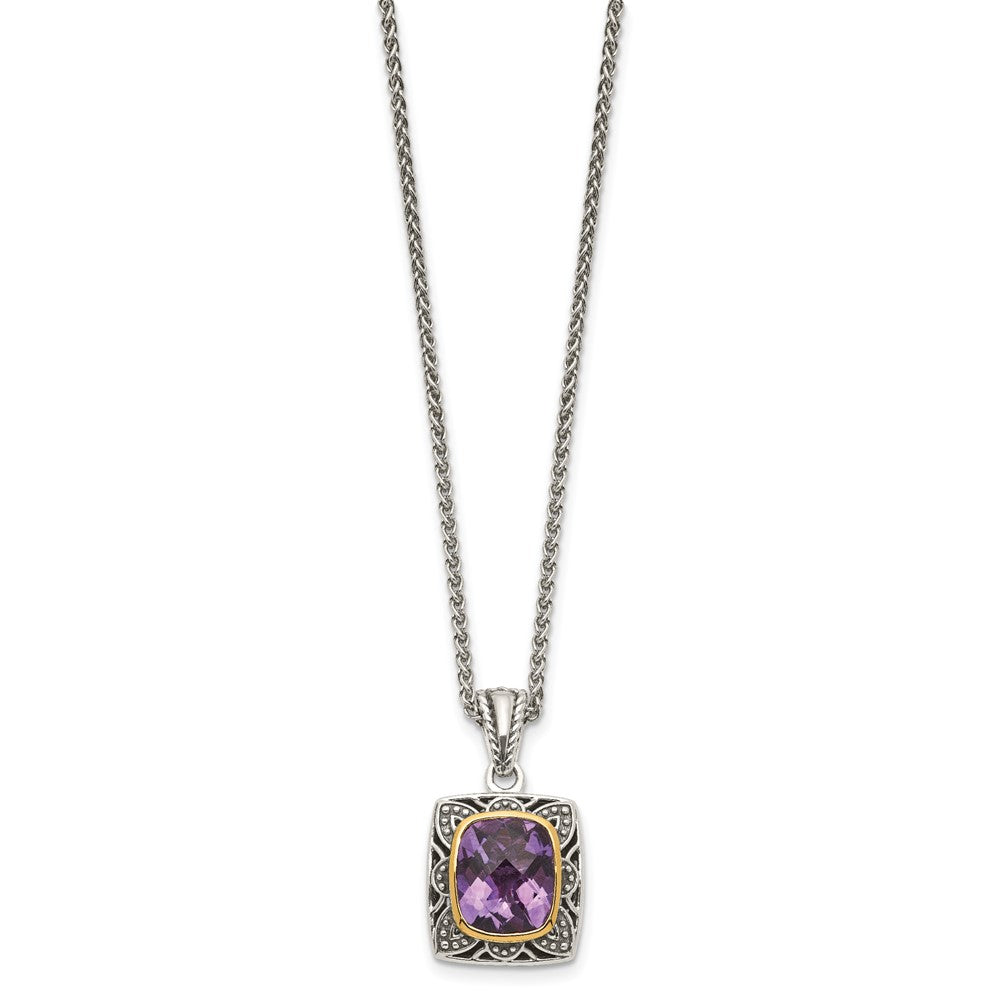 14K/Silver Two Tone Shey Couture Sterling Silver With 14K Accent 18 Inch Antiqued Checkerboard Cut Cushion Bezel Amethyst Necklace