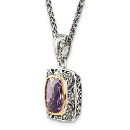 14K/Silver Two Tone Shey Couture Sterling Silver With 14K Accent 18 Inch Antiqued Checkerboard Cut Cushion Bezel Amethyst Necklace