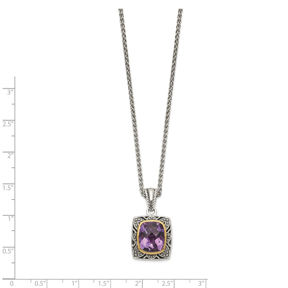 14K/Silver Two Tone Shey Couture Sterling Silver With 14K Accent 18 Inch Antiqued Checkerboard Cut Cushion Bezel Amethyst Necklace