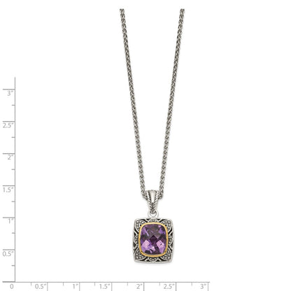 14K/Silver Two Tone Shey Couture Sterling Silver With 14K Accent 18 Inch Antiqued Checkerboard Cut Cushion Bezel Amethyst Necklace