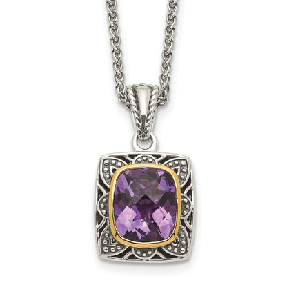 14K/Silver Two Tone Shey Couture Sterling Silver With 14K Accent 18 Inch Antiqued Checkerboard Cut Cushion Bezel Amethyst Necklace