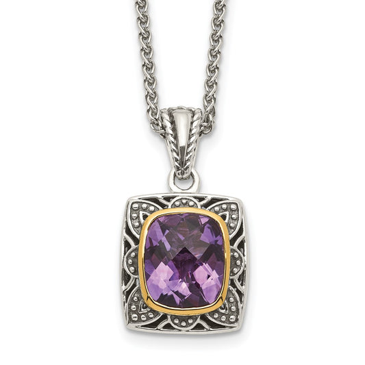 14K/Silver Two Tone Shey Couture Sterling Silver With 14K Accent 18 Inch Antiqued Checkerboard Cut Cushion Bezel Amethyst Necklace