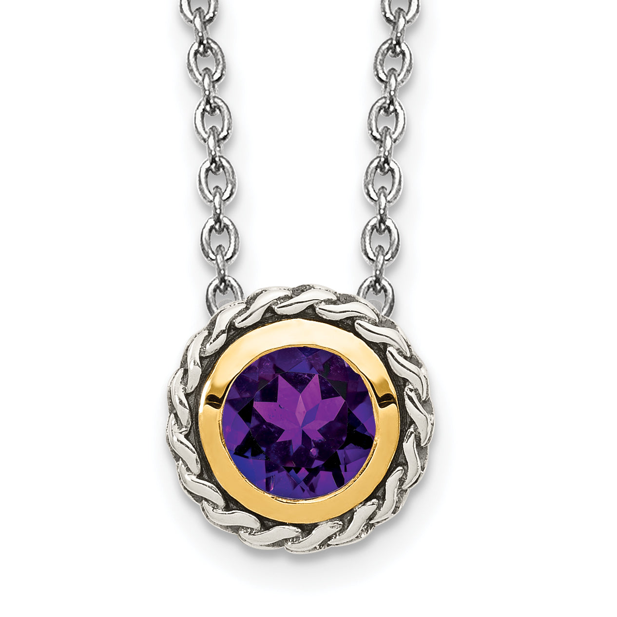 14K/Silver Two Tone Shey Couture Sterling Silver With 14K Accent 18 Inch Antiqued Round Bezel Amethyst Necklace