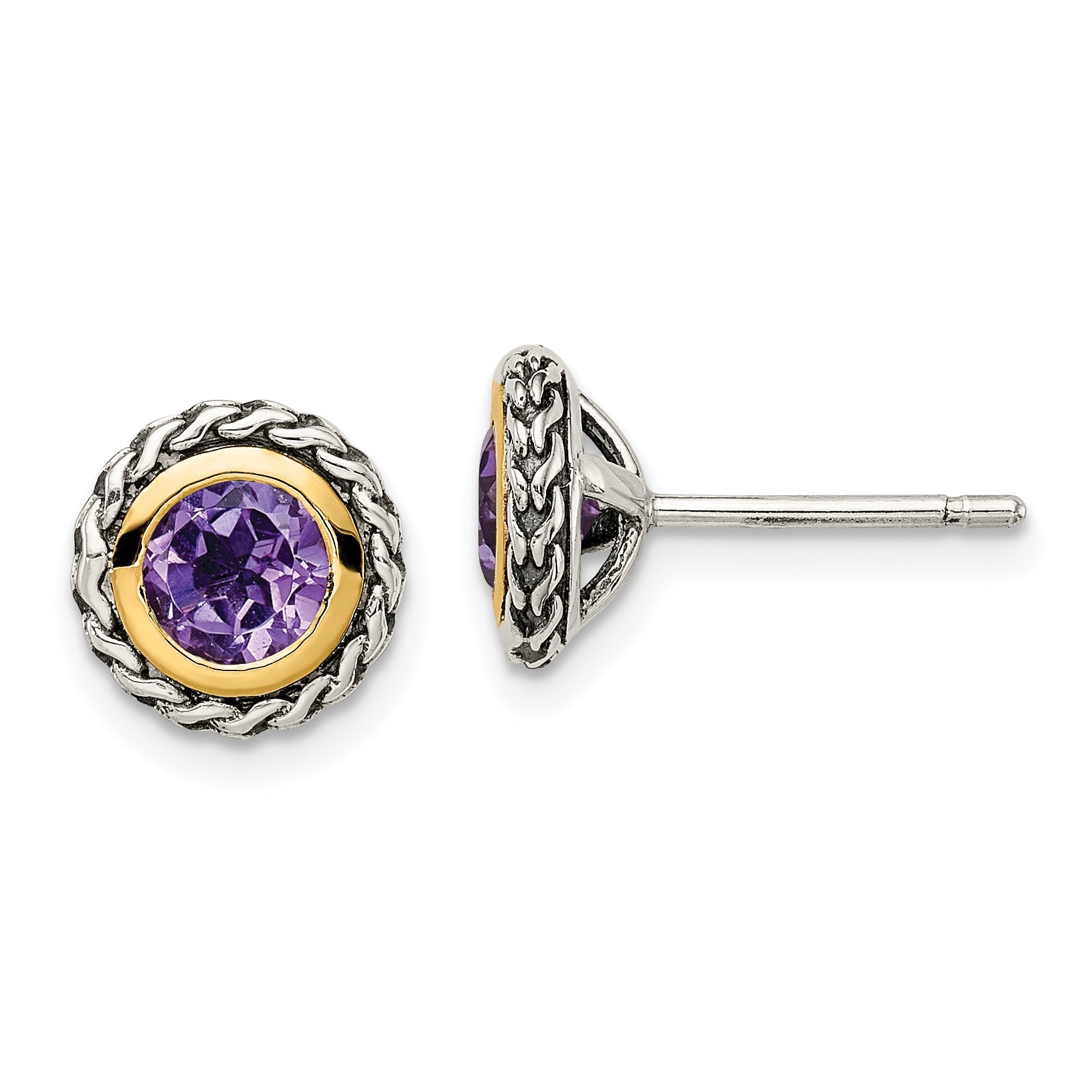 14K/Silver Two Tone Shey Couture Sterling Silver With 14K Accent Antiqued Round Bezel Amethyst Post Earrings